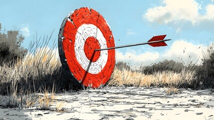 Bullseye Victory: An arrow precisely hits the center of a target, signifying accurate aim, goal achievement, and the satisfaction of hitting the mark in an illustrated display.