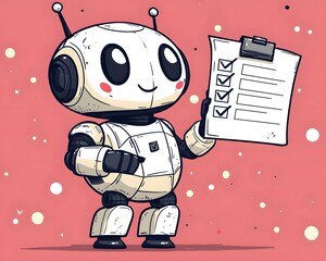 Friendly Bot with a Checklist: A cheerful robot confidently presents a checklist. Its gleaming metal body and expressive digital eyes convey a message of efficiency and automation.