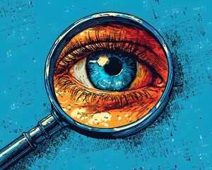Eye Under Scrutiny: A captivating illustration of a human eye magnified through a lens. The image conveys a sense of inspection, scrutiny, or examination.