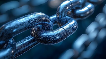 Interlocking Iron Chain: A close-up shot focuses on a robust, industrial chain, its steel links seamlessly intertwined against a blurred, atmospheric backdrop, evoking themes of strength, connection.
