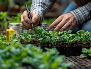 Agricultural scientist marks seedlings for growth monitoring and business planning