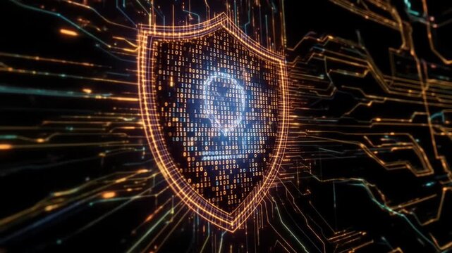 Digital Shield Security Concept with Binary Code and Circuit Board Animation