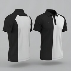 Two black and white polo shirts,  front and back views,  show contrasting color panels