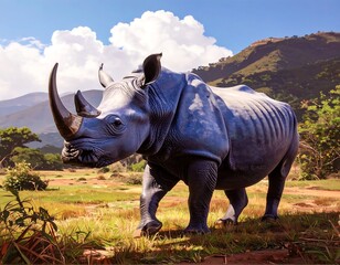 Fototapeta premium Large, vibrant purple rhino in a savanna landscape