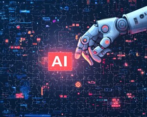 Robotic Hand Interacts with Artificial Intelligence: A sleek robotic hand elegantly interacts with a glowing AI interface.