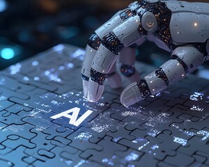 AI Technology and Touch: A detailed shot of a futuristic robot hand interacts with an illuminated AI inscription, highlighting the merging of technology and artificial intelligence.
