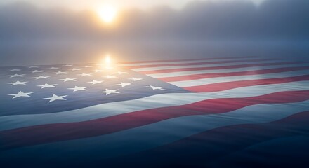 A solemn tribute for Patriot Day 9/11, featuring a reflective American flag on a foggy horizon at sunrise