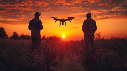 Two farmers stand in a field at sunset observing a drone flying in the sky