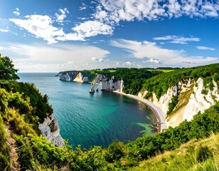 Coastal cliffs and bay, sunny day
