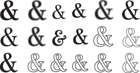 Minimalist black ampersand icon set – hand-drawn typographic silhouettes and outlines showcasing diverse font weights, shadows, and design styles for graphic and branding use.