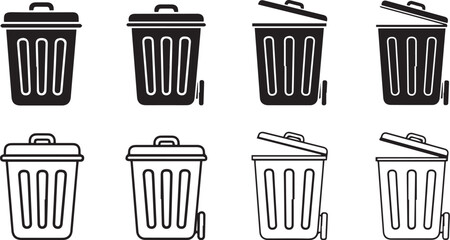 Minimalist black trash bin icon set – hand-drawn silhouettes and outlines of wheeled garbage cans with lid positions for UI design, signage, and waste management visuals.