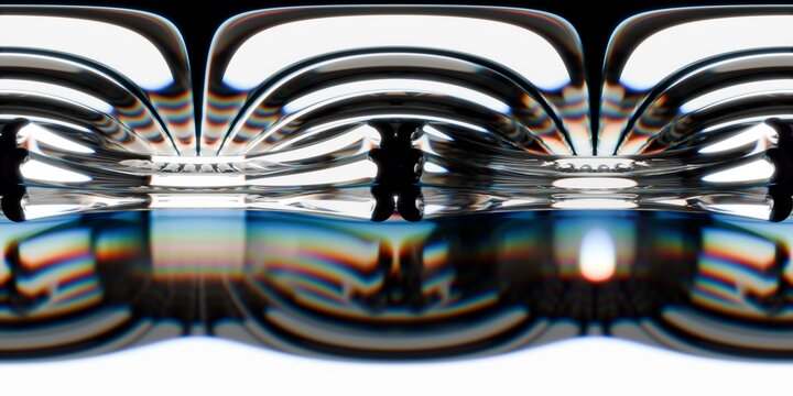 Futuristic chrome HDRI map with dynamic light distortion and reflections. Ideal for CGI, VFX, motion graphics, and photoreal lighting scenarios.