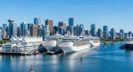 City skyline meets cruise ships at harbor