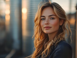 Fototapeta premium Confident young woman in urban sunset light symbolizing financial growth and success