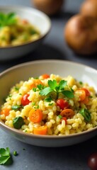 Creamy vegetarian risotto bursting with vibrant vegetables, perfectly cooked rice, and herbs A delicious and healthy meal, ideal for a comforting dinner , garlic, wine
