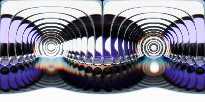 Futuristic HDRI map with glossy curved shapes, neon lighting, and symmetrical tunnel reflections. Ideal for 3D renders, lighting, VFX, and immersive sci-fi environments.