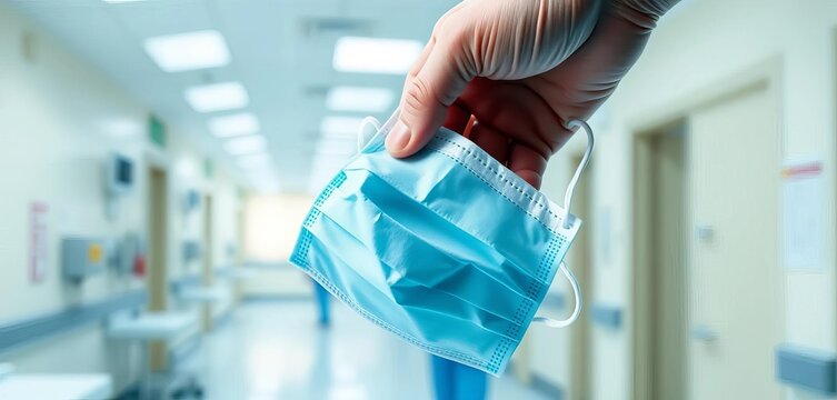 Hand holding surgical mask, blurred hospital in background, World Health Day, personal protective equipment
