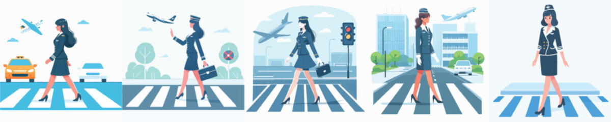 Obraz premium vector character of a flight attendant crossing the road