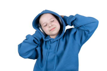 Little child with closed eyes and blissful expression listening to music through headphones wearing blue hoodie on transparent background