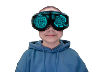 Happy little child in virtual reality headset with futuristic holographic HUD graphics displayed on lenses on transparent background