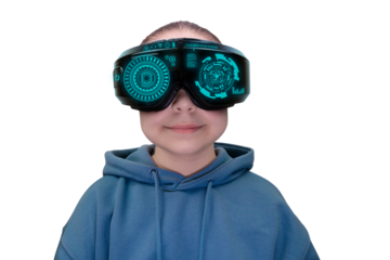 Happy little child in virtual reality headset with futuristic holographic HUD graphics displayed on lenses on transparent background