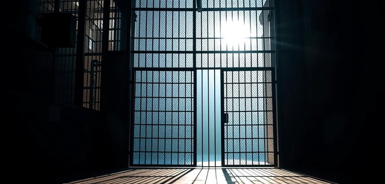 Open prison gates, sunlight streaming through bars,  bars,  new beginning