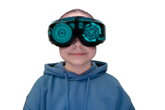 Happy little child in virtual reality headset with futuristic holographic HUD graphics displayed on lenses on transparent background