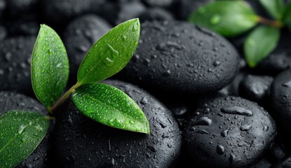 Green leaves on black stones