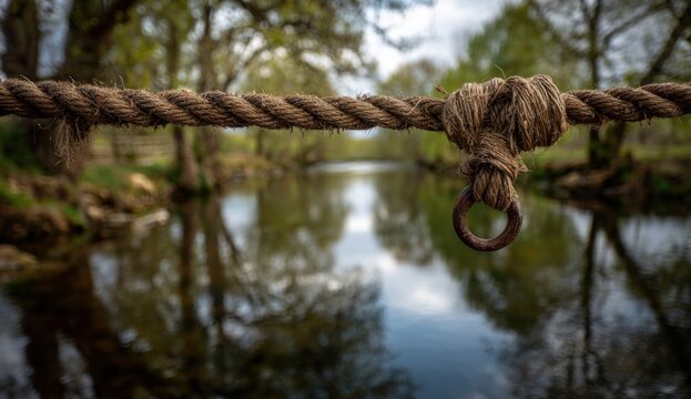 Fototapeta Rustic rope bridge spanning a tranquil stream
