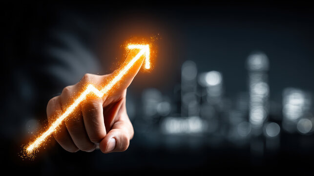 Glowing arrow business growth success neon hand touch sparks in dark city, inspiring
