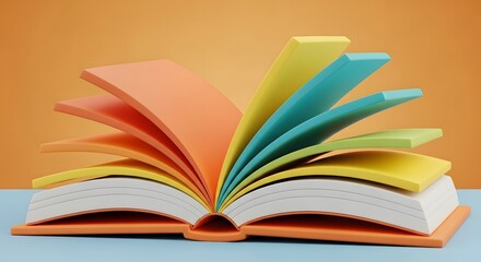 A 3D illustration of an open book with colorful pages. Education, creativity, and learning concept. A stylized textbook representing the joy of reading, knowledge, and storytelling.