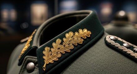 Close-up military collar detail.  Gold oak leaves emblem on dark green uniform