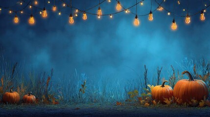 Pumpkins amidst grass under a string of lights against a blue, foggy evening backdrop
