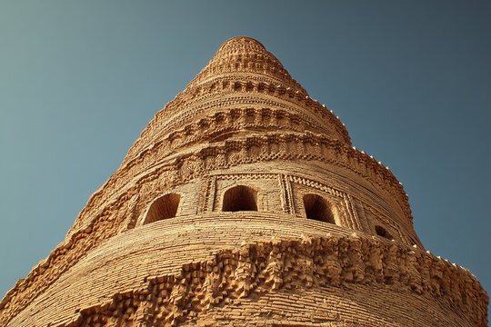 The intricate minaret of the Great Mosque of Samarra, spiraling upwards against a clear sky, a striking historical landmark.