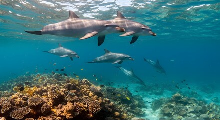 Obraz premium Dolphins swimming over coral reef