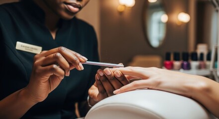 Close-up of a nail technician filing a client's nail