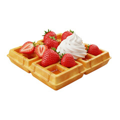 Waffle with fresh strawberries and whipped cream isolated on transparent background