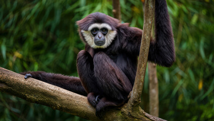 Obraz premium Agile Gibbon Sitting on a Tree Branch A Dark Furry Primate with White Cheeks Resting in a Natural Forest Environment with Green Foliage