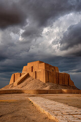 The ancient city of Ur's ziggurat under a dramatic, cloudy sky, symbolizing historical grandeur and timeless mystery.