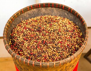Colorful coffee beans in a woven basket