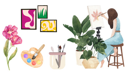 Creative Girl Painting on Canvas Vector Artist Illustration