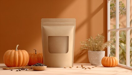 3D brown kraft stand-up pouch mock-up with a clear window, pumpkins on the table, set against a light orange background with a subtle window in the back
