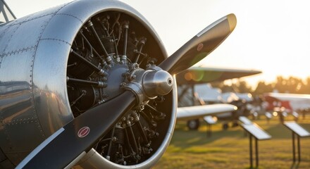 Close-up of a vintage airplane engine and propeller
