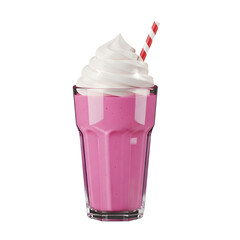 Delicious pink milkshake with whipped cream isolated on transparent background