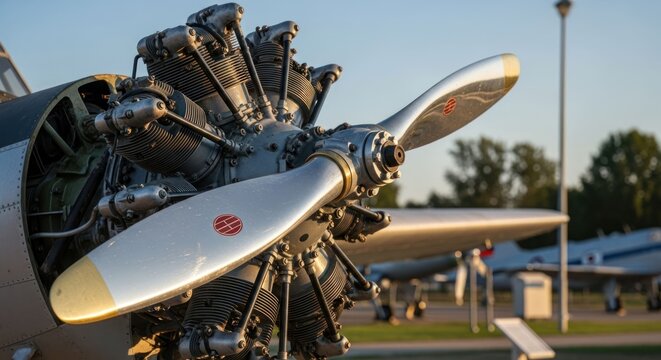 Close-up of airplane engine and propeller