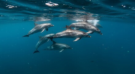 Naklejka premium Dolphins underwater group swimming