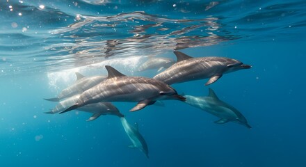 Fototapeta premium Dolphins underwater group swimming