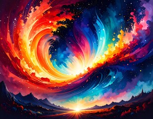 Abstract swirling cosmos with vibrant colors, swirling clouds and landscape