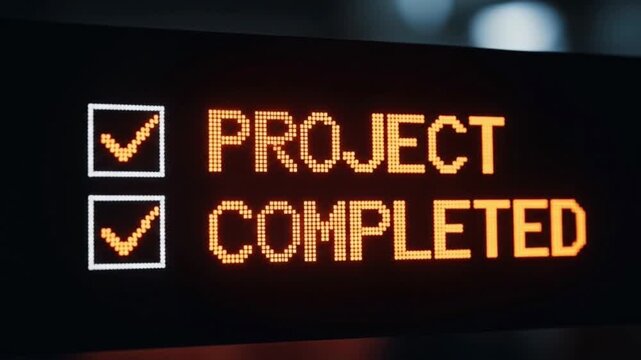 Project Completion Animation Showing Checkmarks on Digital Display Screen in Orange
