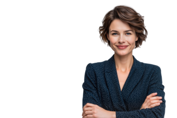 Portrait of a smiling, confident businesswoman wearing a stylish dotted suit. Perfect for themes of professional success and empowerment